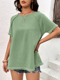 Round Neck Raglan Sleeve Fringe Detail Top • More Colors
