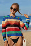 Rainbow Stripe Openwork Long Sleeve Cover-Up/Top