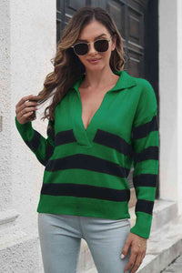 Deep V Striped Johnny Collar Sweater • More Colors