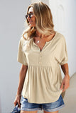 Buttoned Notched Neck Short Sleeve Top • More Colors