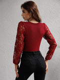 Lace Sleeve Round Neck Ribbed Top • More Colors