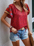 Printed Short Sleeve Tie Neck Blouse • More Colors