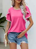 Pom-Pom Trim Flutter Sleeve Round Neck Tee • More Colors
