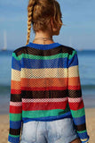 Rainbow Stripe Openwork Long Sleeve Cover-Up/Top