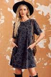 Oversized Fit Leopard Round Neck Dropped Shoulder Dress with Pockets