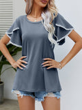 Pom-Pom Trim Flutter Sleeve Round Neck Tee • More Colors