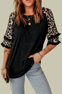 Leopard Contrast Ruffled Top • More Colors
