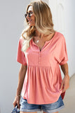 Buttoned Notched Neck Short Sleeve Top • More Colors