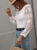 Lace Sleeve Round Neck Ribbed Top • More Colors