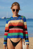 Rainbow Stripe Openwork Long Sleeve Cover-Up/Top