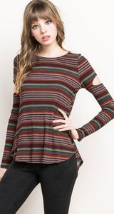 Wine Stripes Cut Out Sleeve Top