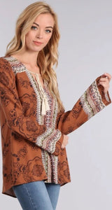 Boho Print Top with Bell Sleeves