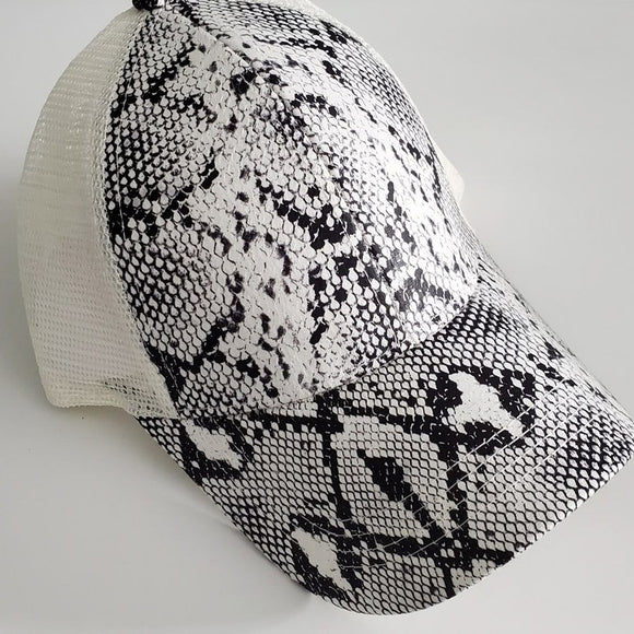 C.C High Pony/Messy Bun Ball Cap - Black/White Snake