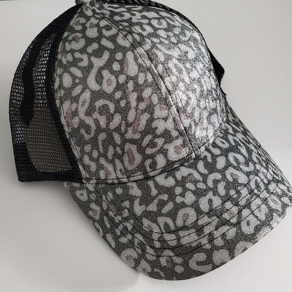 C.C High Pony/Messy Bun Ball Cap - Black Leopard Glitter