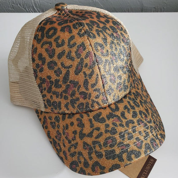 C.C High Pony/Messy Bun Ball Cap - Brown Leopard Glitter