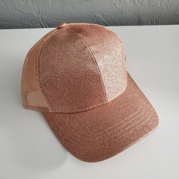 C.C High Pony/Messy Bun Ball Cap - Rose Gold Glitter