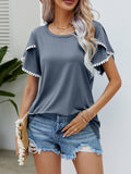 Pom-Pom Trim Flutter Sleeve Round Neck Tee • More Colors