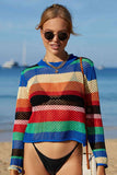 Rainbow Stripe Openwork Long Sleeve Cover-Up/Top