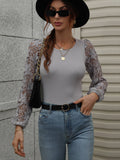 Lace Sleeve Round Neck Ribbed Top • More Colors