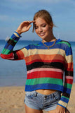 Rainbow Stripe Openwork Long Sleeve Cover-Up/Top