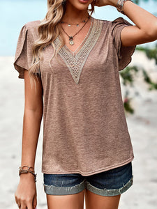 Contrast V-Neck Petal Sleeve Top • More Colors