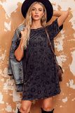 Oversized Fit Leopard Round Neck Dropped Shoulder Dress with Pockets