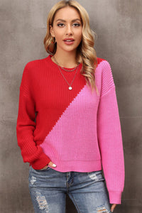 Two-Tone Round Neck Dropped Shoulder Sweater