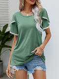 Pom-Pom Trim Flutter Sleeve Round Neck Tee • More Colors