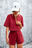 Half Zip Cropped Hooded T-Shirt and Shorts Set • More Colors