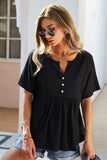 Buttoned Notched Neck Short Sleeve Top • More Colors