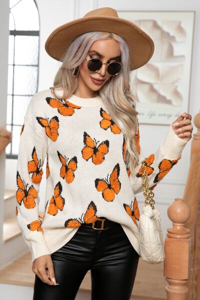 Butterfly Round Neck Long Sleeve Sweater