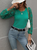 Lace Sleeve Round Neck Ribbed Top • More Colors