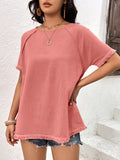 Round Neck Raglan Sleeve Fringe Detail Top • More Colors