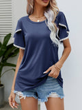 Pom-Pom Trim Flutter Sleeve Round Neck Tee • More Colors