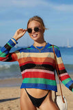 Rainbow Stripe Openwork Long Sleeve Cover-Up/Top