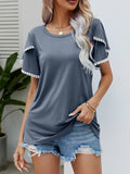 Pom-Pom Trim Flutter Sleeve Round Neck Tee • More Colors