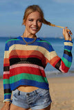 Rainbow Stripe Openwork Long Sleeve Cover-Up/Top