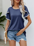 Pom-Pom Trim Flutter Sleeve Round Neck Tee • More Colors