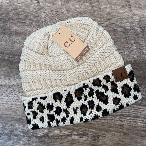 C.C Leopard Cuff Beanie - Beige